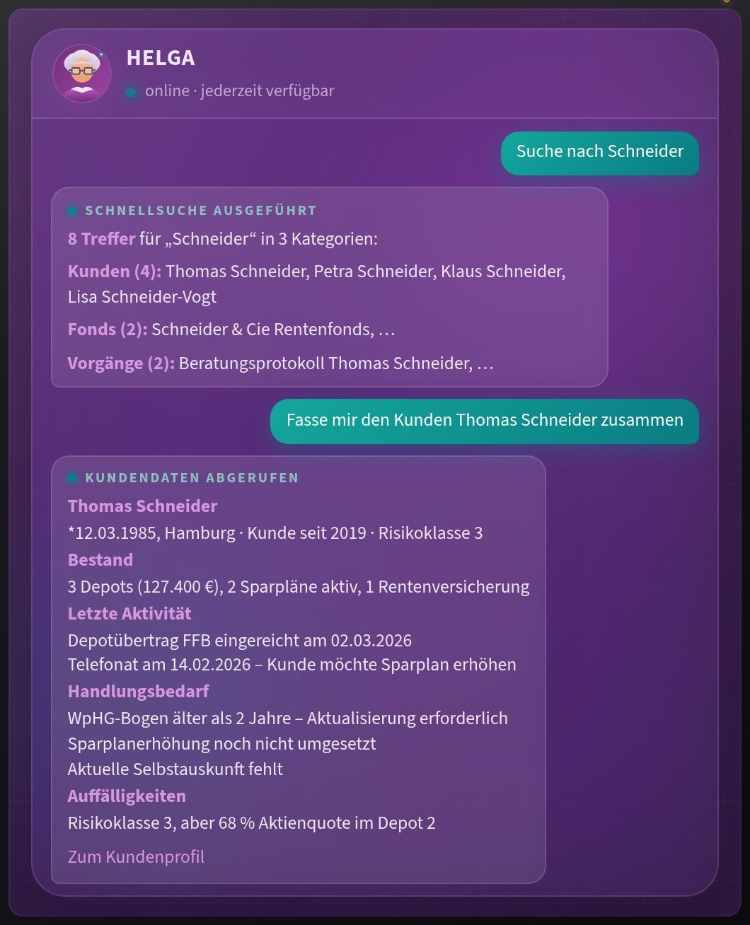 HELGA-Chat auf einem Tablet: Schnellsuche nach Schneider mit 8 Treffern und zusammengefasste Kundendaten von Thomas Schneider.